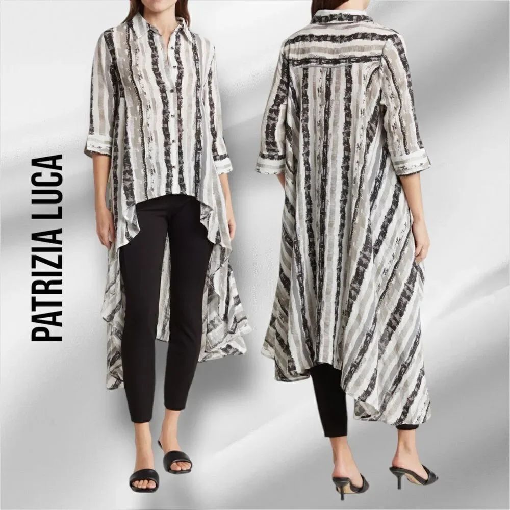 PATRIZIA LUCA Women’s Three Quarter High Low Striped Print Shirt Dress in Size L